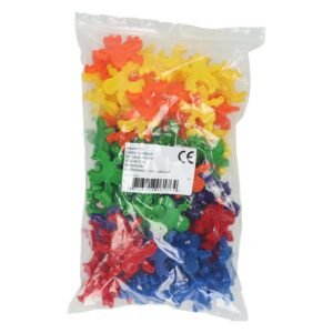 Zak achterkant met kleurrijke koppelbare bouwpoppetjes in verschillende kleuren