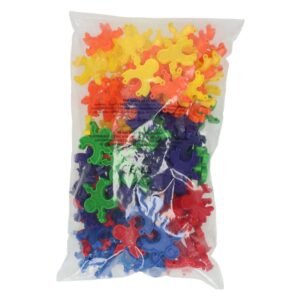 Voorkant verpakking met gekleurde koppelbare bouwpoppetjes