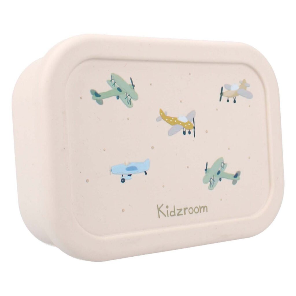 Kidzroom siliconen lunchbox vliegtuigen schuin aanzicht Kidzroom Broodtrommel Lovely Lunch Vliegtuigen