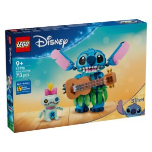 Doos voorkant van LEGO Stitch en Scrump bouwpakket met gitaar en figuren