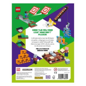 Achterkant van het LEGO Minecraft Gamesboek met voorbeelden van bouwspellen en uitdagingen