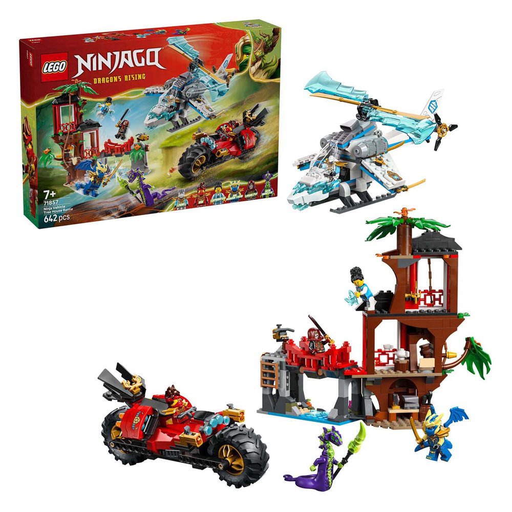 lego-ninjago-ninjavoertuigen-boomhut-complete-speelset LEGO NINJAGO 71857 Ninjavoertuigen bij de Boomhut met helikopter motor en boomhut