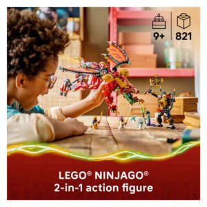 Kind speelt met LEGO NINJAGO Wyldfyre's Transformerende Drakenmecha