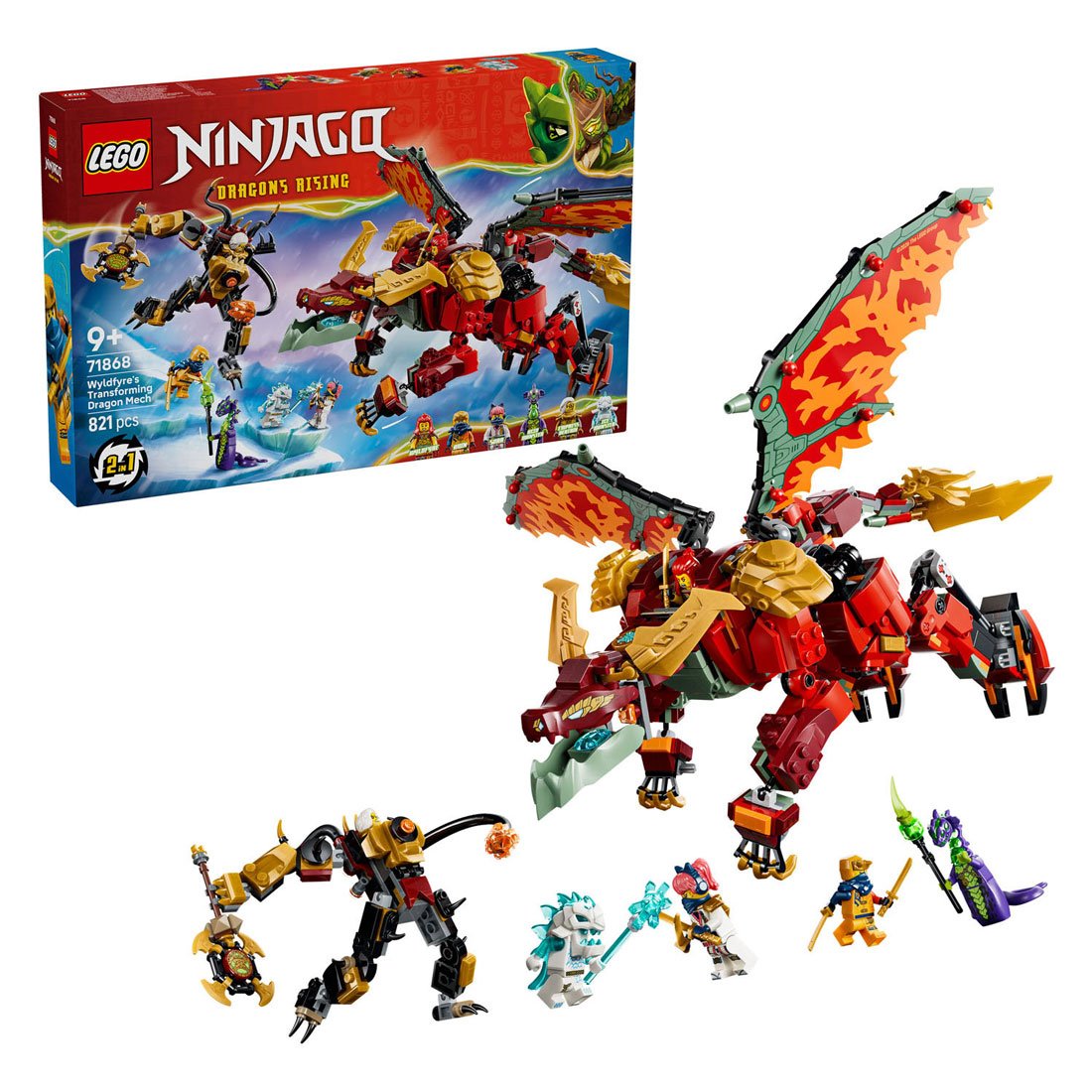 lego-ninjago-wylfdyres-transformerende-drakenmecha-set-met-minifiguren LEGO NINJAGO 71868 Wyldfyre's Transformerende Drakenmecha met doos en minifiguren