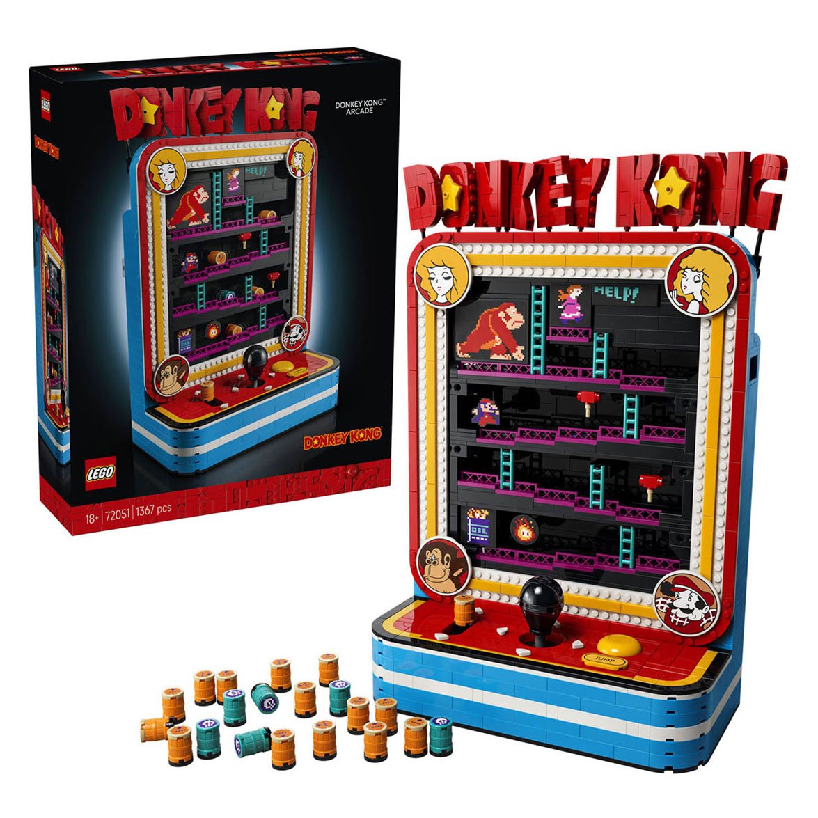 lego-super-mario-donkey-kong-arcade-set-met-tonnen-en-doos LEGO Super Mario 72051 Donkey Kong Arcadekast met verpakking en speeltonnen