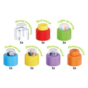 Inhoud Quercetti Momy Soft set met 8 sensorische blokken