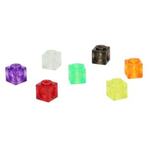 Transparante koppelblokjes met geometrische vormen in zes kleuren
