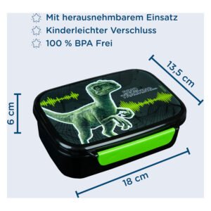Dinosaurus lunchbox met afmetingen en groene sluiting