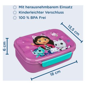 Roze Gabby's Dollhouse lunchbox met afmetingen en turquoise sluiting