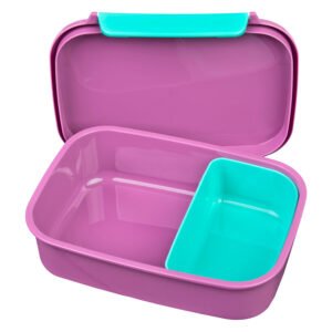 Geopende roze Gabby's Dollhouse lunchbox met turquoise vak