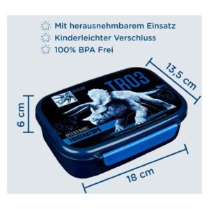 Blauwe Jurassic World Triceratops lunchbox met afmetingen