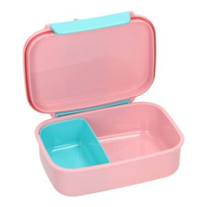 Geopende roze Minnie Mouse lunchbox met turquoise binnenvak