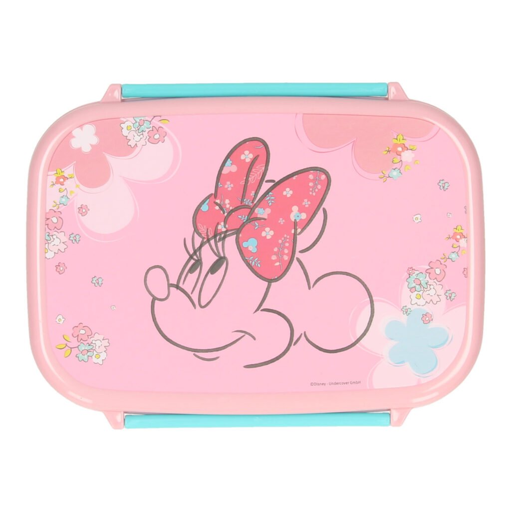 Roze Minnie Mouse lunchbox met bloemenprint en turquoise sluiting Minnie Mouse Broodtrommel