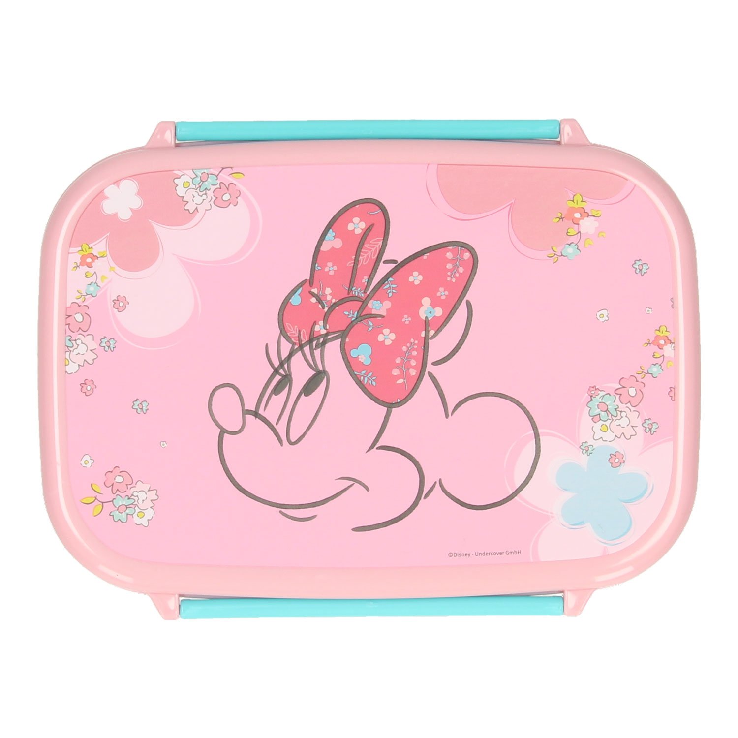 undercover-minnie-mouse-roze-lunchbox-bloemenprint Roze Minnie Mouse lunchbox met bloemenprint en turquoise sluiting Minnie Mouse Broodtrommel