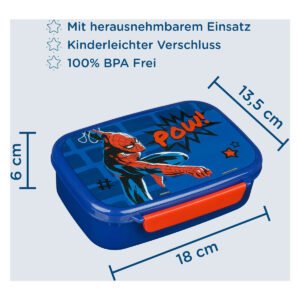 Spider-Man lunchbox blauw met rood kinderslot en afmetingen