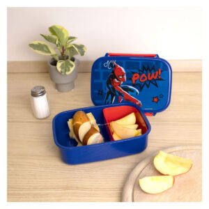 Blauwe Spider-Man lunchbox met broodje en appel