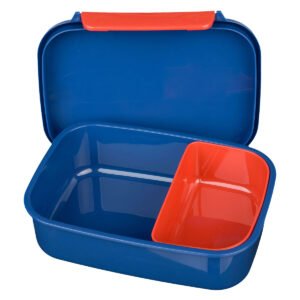 Open blauwe Spider-Man lunchbox met rood uitneembaar vak