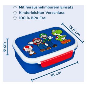Super Mario broodtrommel met afmetingen en kindvriendelijke sluiting