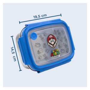 Super Mario lunchbox blauw met afmetingen 19,5 x 14,5 cm