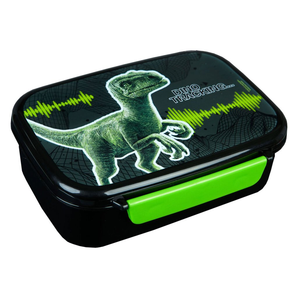 Zwarte kinder lunchbox met groene dinosaurus en sluiting Broodtrommel Jurassic World