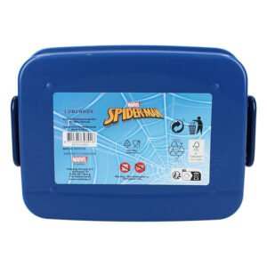 Achterkant blauwe Marvel Spider-Man lunchbox met productlabel
