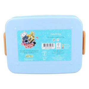 Onderzijde blauwe Woezel & Pip lunchbox met productlabel